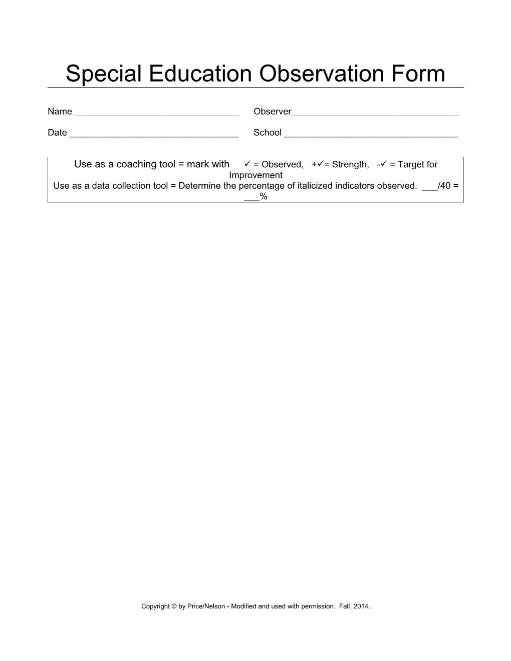 Special Education Observation Form
