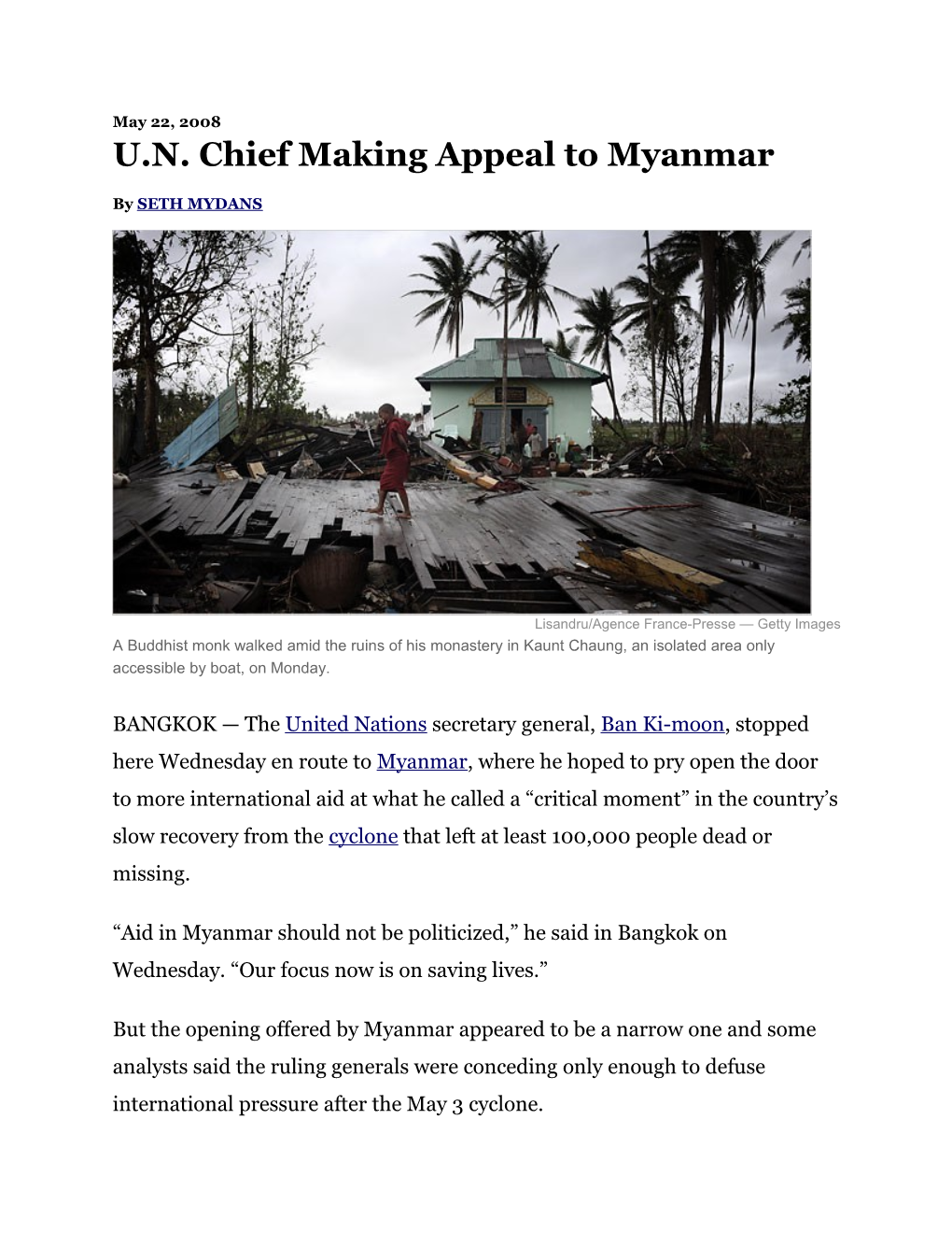 U.N. Chief Making Appeal to Myanmar