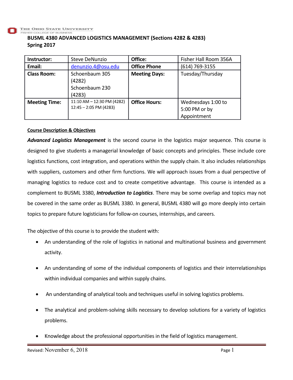 BUSML 4380ADVANCED LOGISTICS MANAGEMENT (Sections 4282 & 4283)