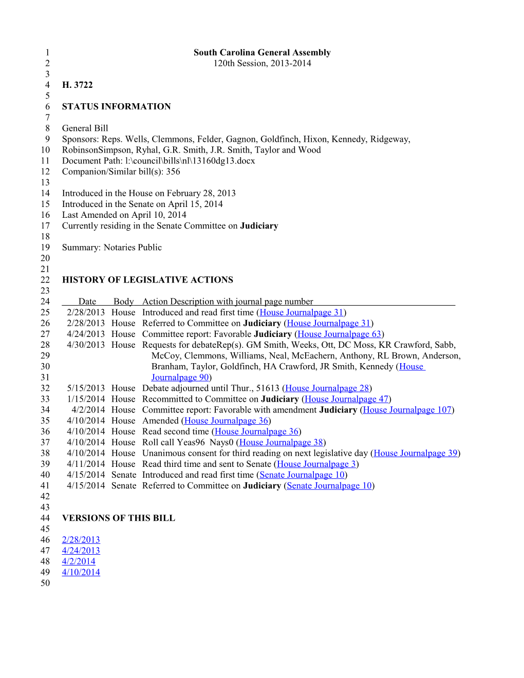 2013-2014 Bill 3722: Notaries Public - South Carolina Legislature Online