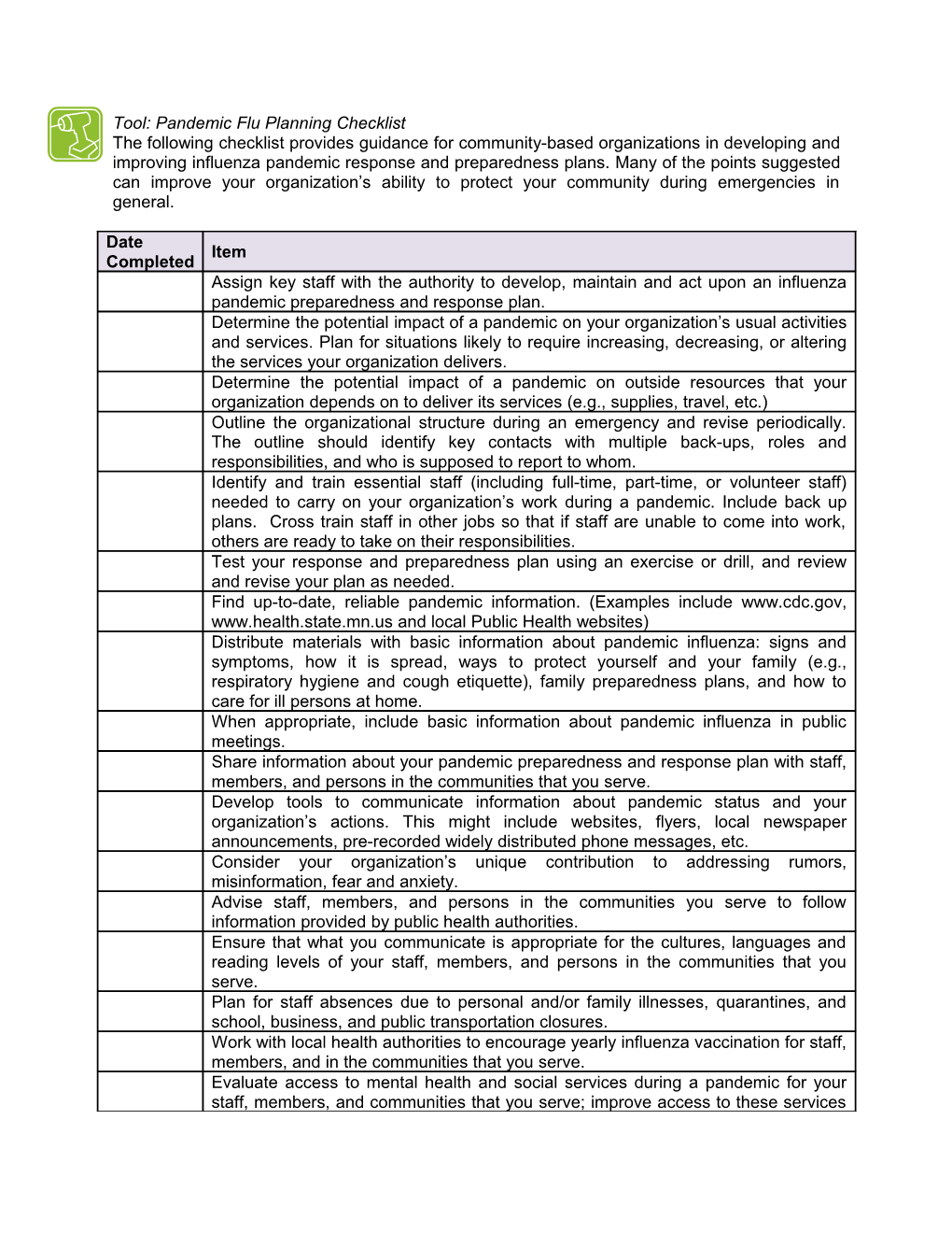 Tool: Pandemic Flu Planning Checklist