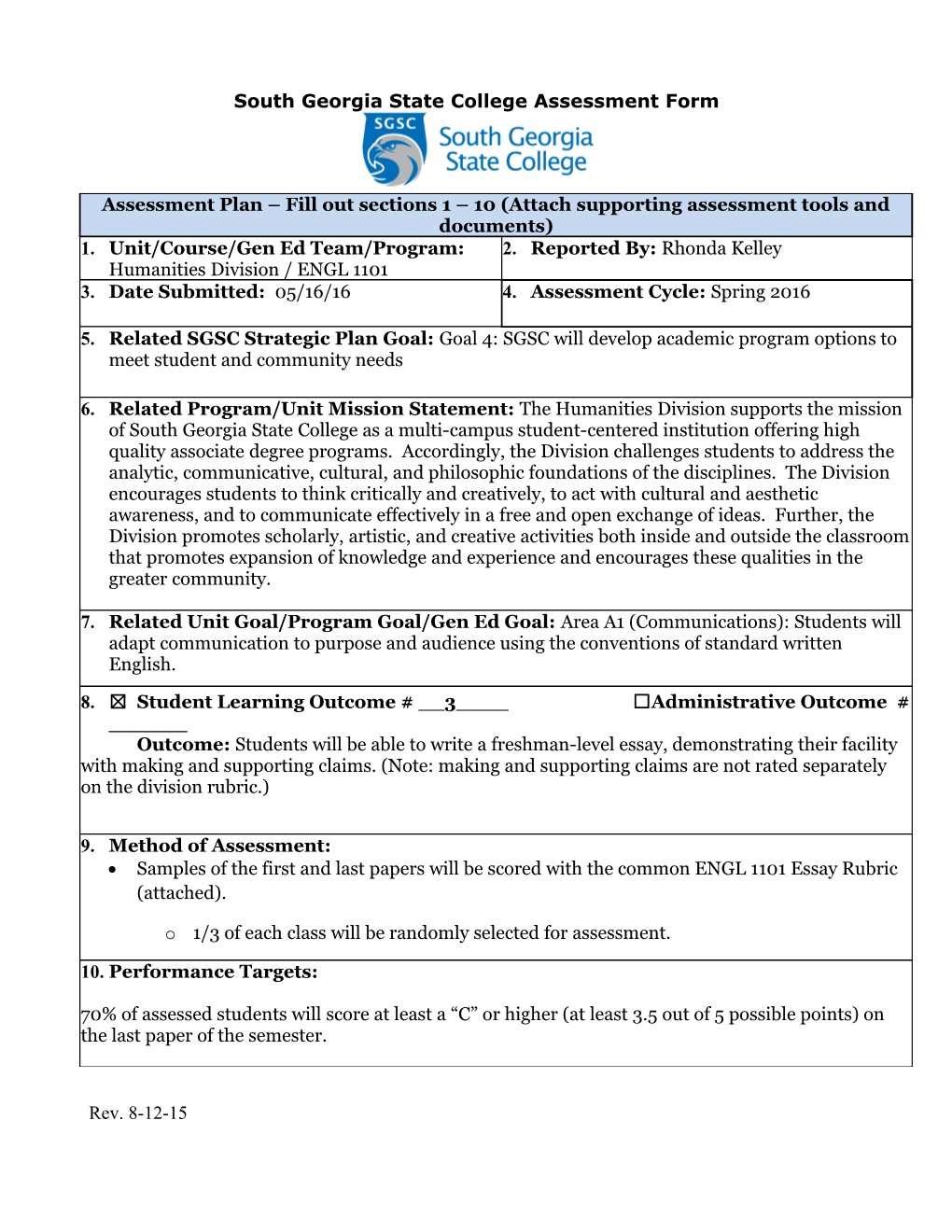 South Georgia State College Assessment Form