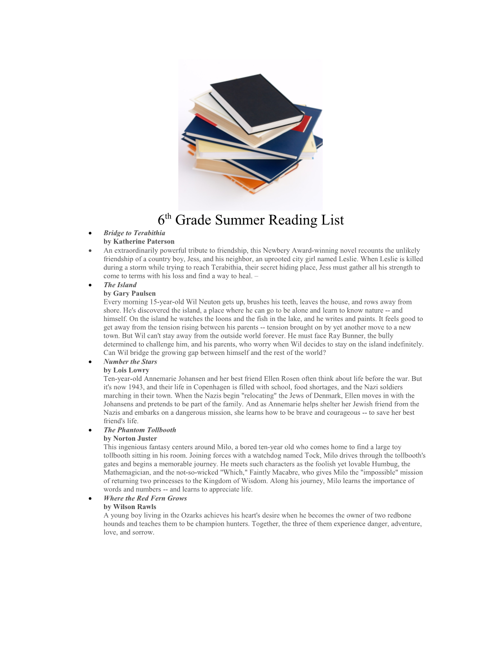 6Th Grade Summer Reading List