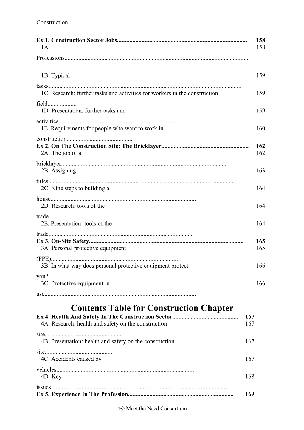 Contents Table for Construction Chapter