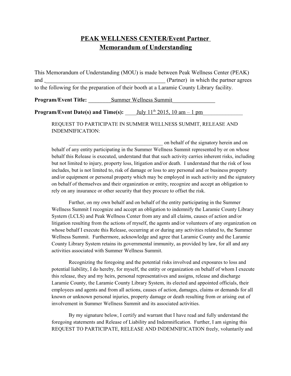 PEAK WELLNESS CENTER/Event Partner Memorandum of Understanding