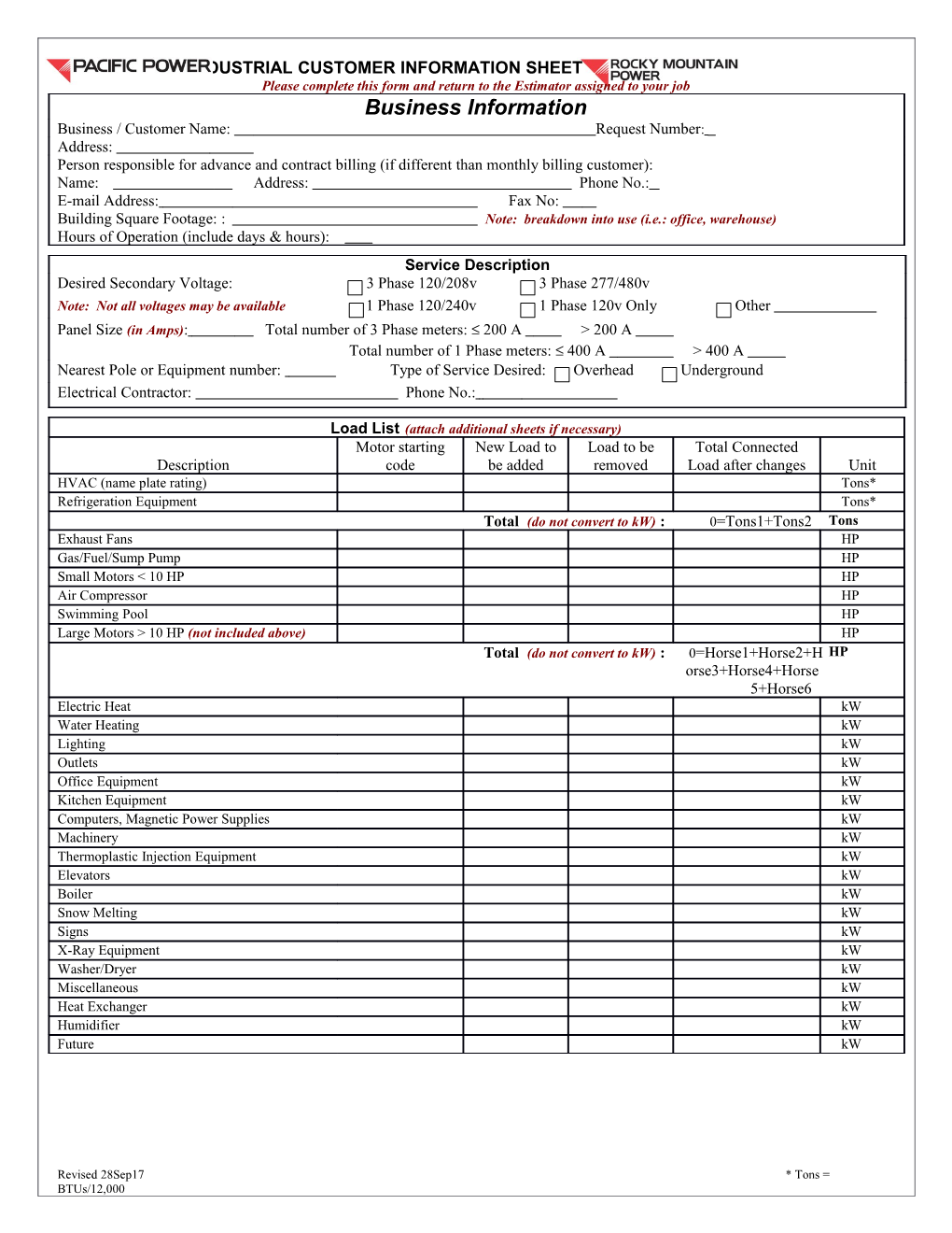 Commercial / Industrial Customer Information Sheet