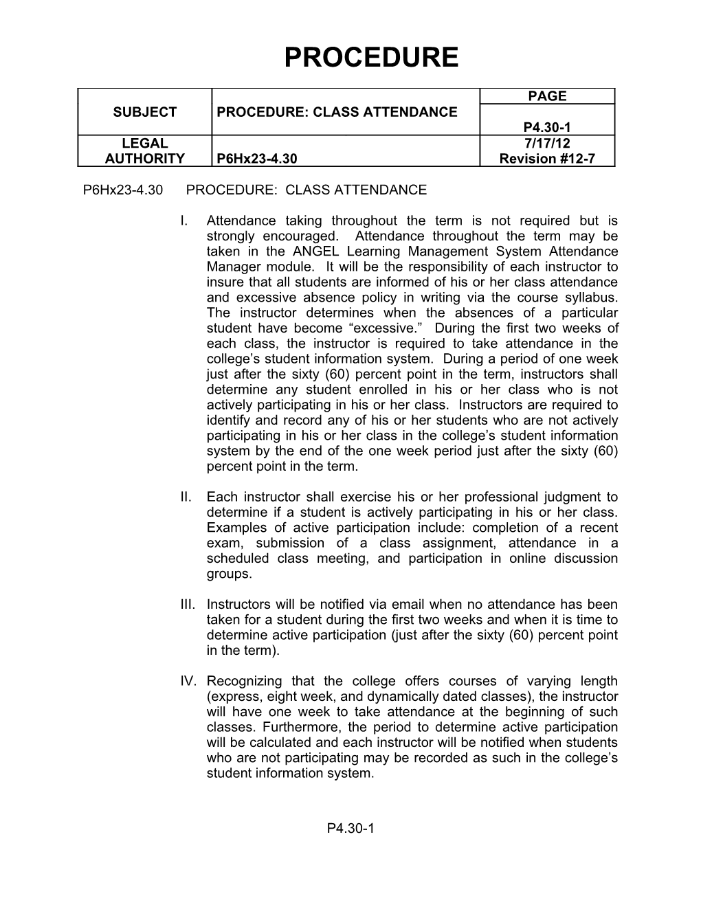 P6hx23-4.30PROCEDURE: CLASS ATTENDANCE