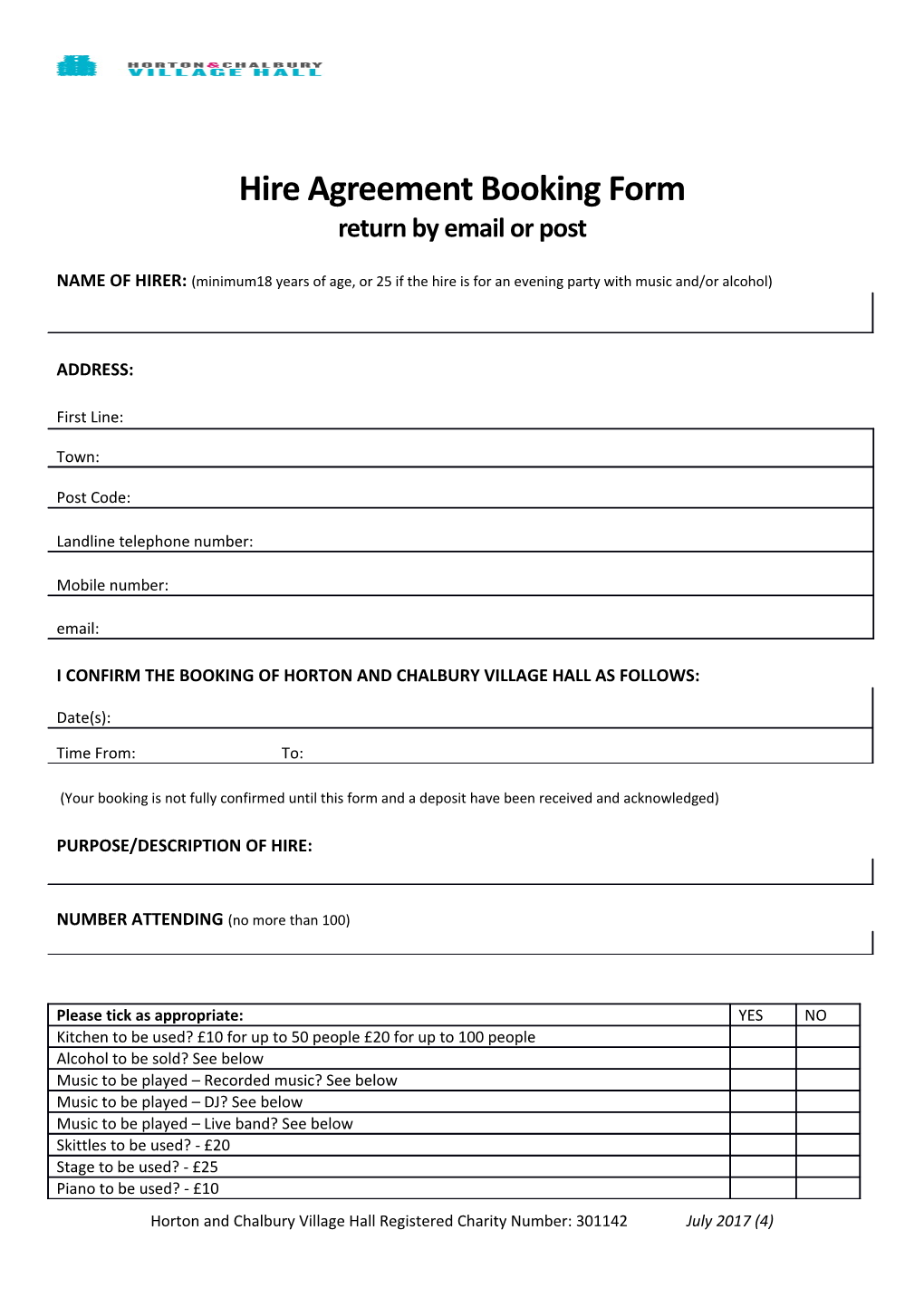 Horton & Chalbury Village Hall Booking Form