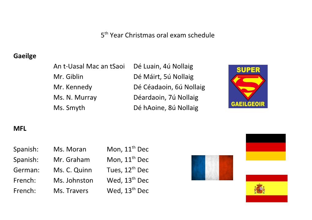 5Th Year Christmas Oral Exam Schedule