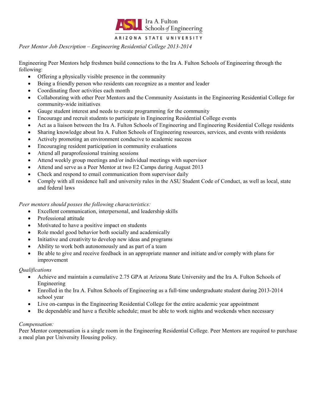 Peer Mentor Job Description Engineering Residential College 2013-2014