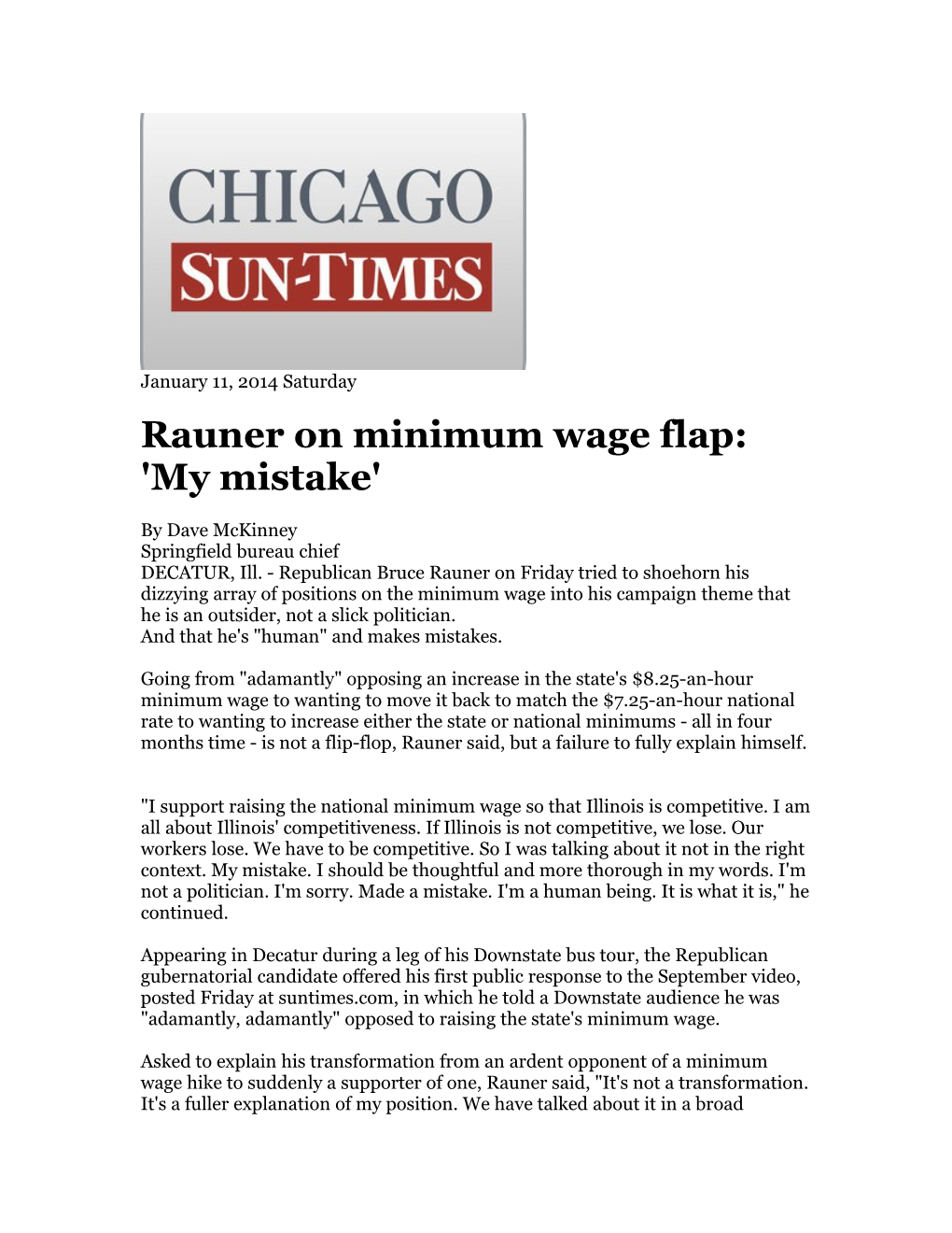 Rauner on Minimum Wage Flap: 'My Mistake'