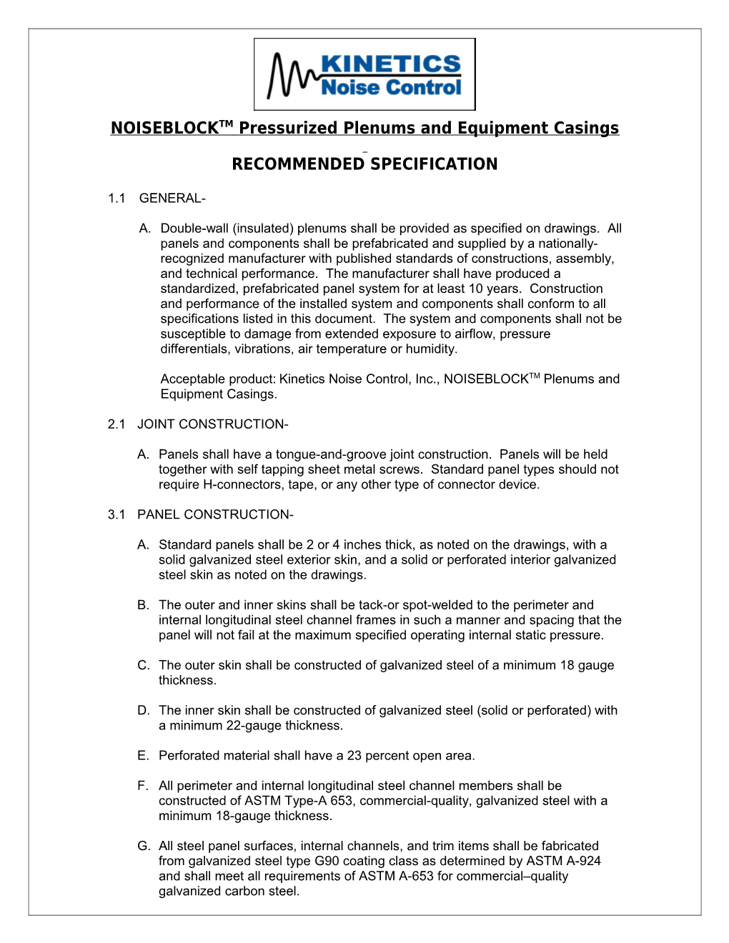 NOISEBLOCKTM Pressurized Plenums and Equipment Casings