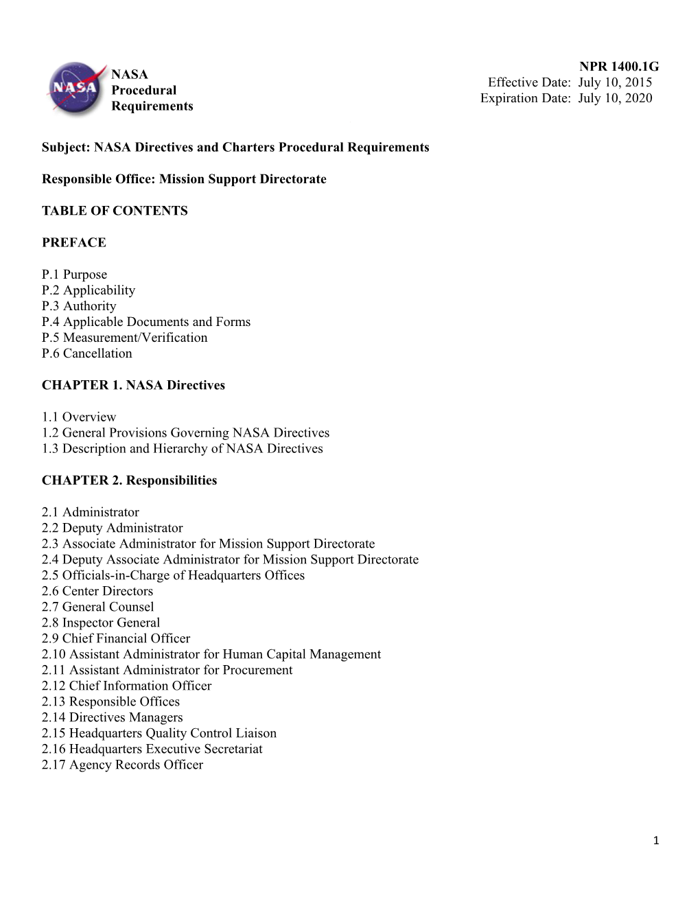 Subject: NASA Directives and Charters Procedural Requirements