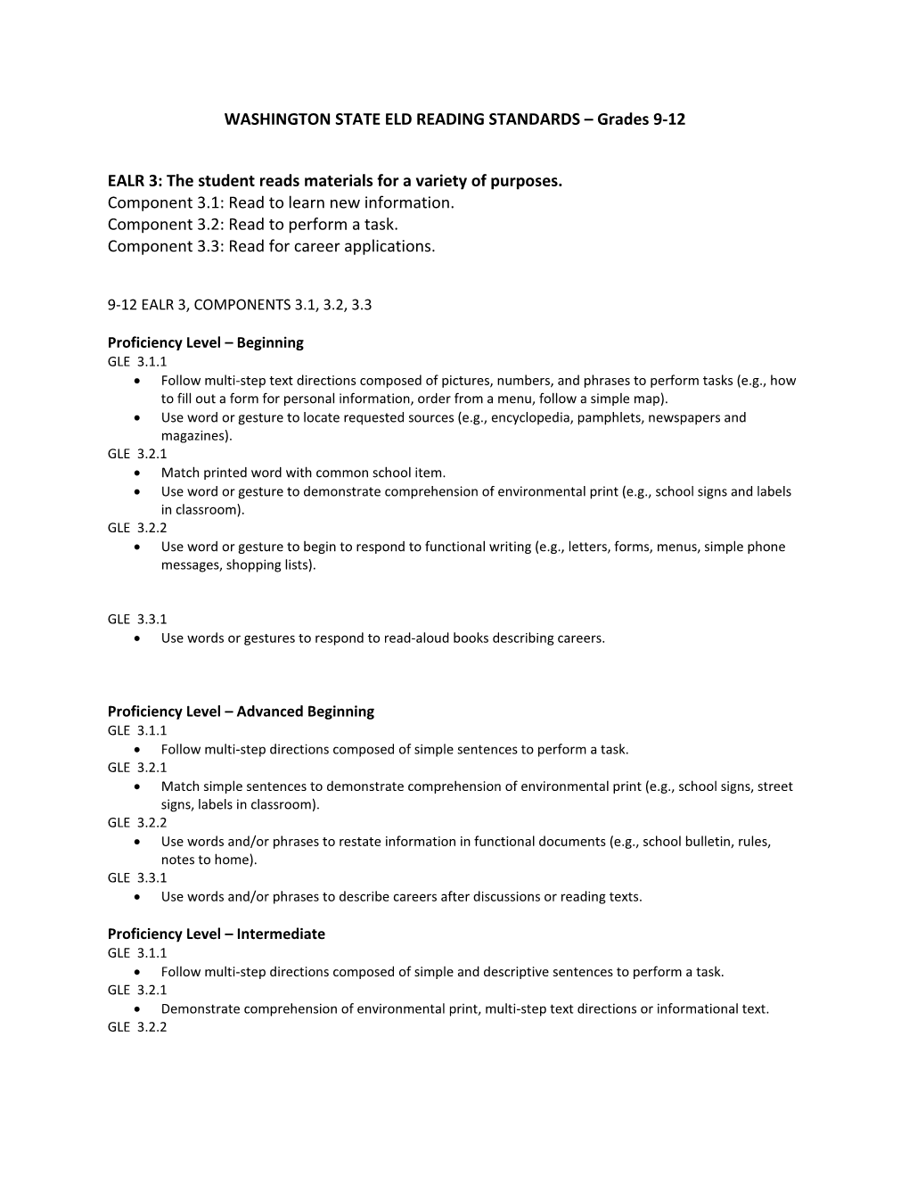 WASHINGTON STATE ELD READING STANDARDS Grades 9-12