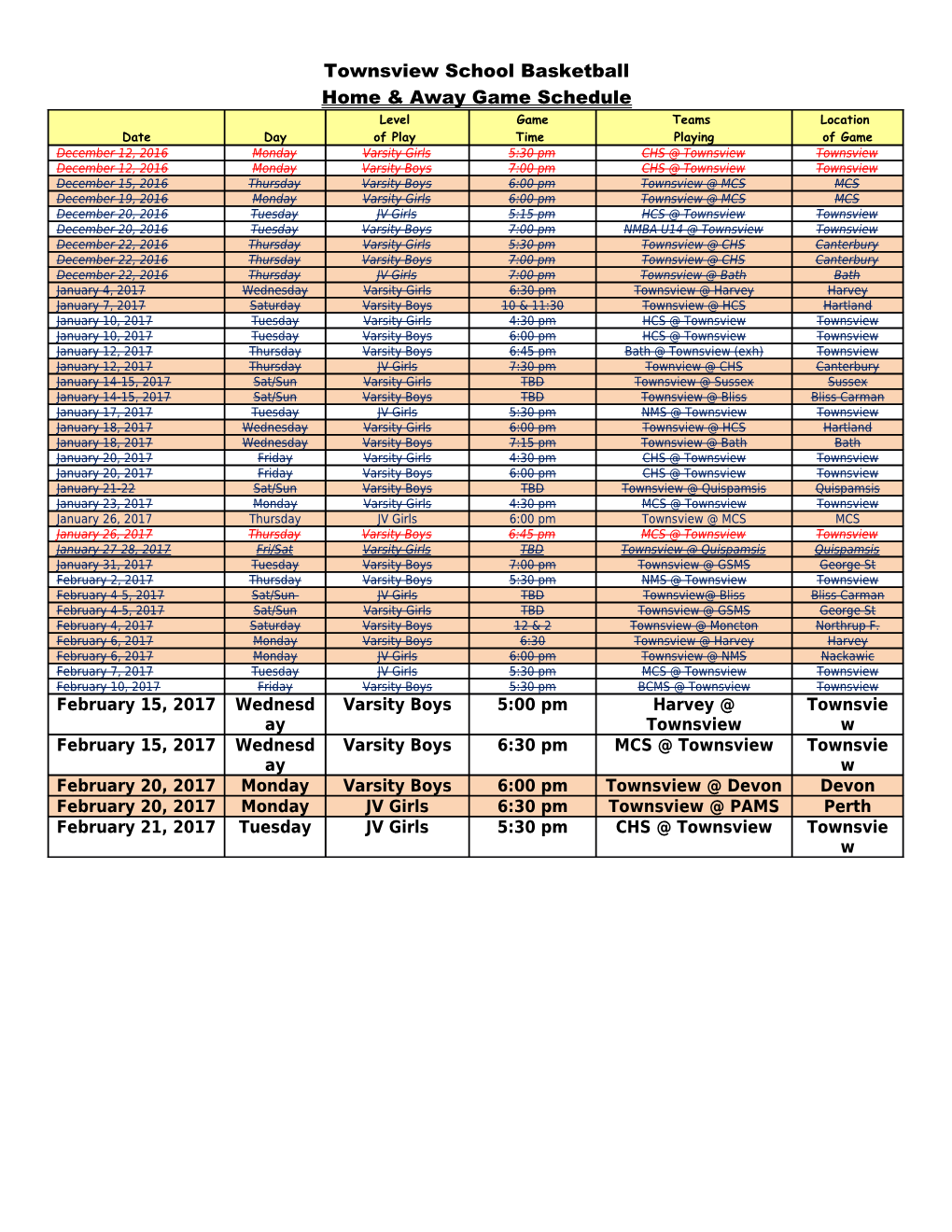 Home & Away Game Schedule