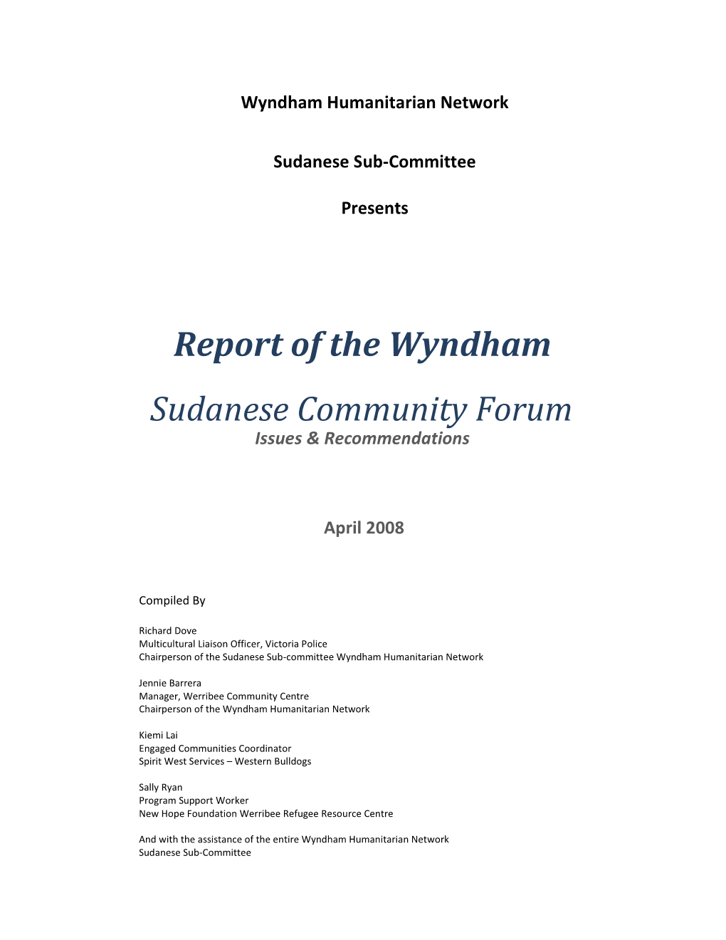 Report of the Wyndham Sudanese Community Form