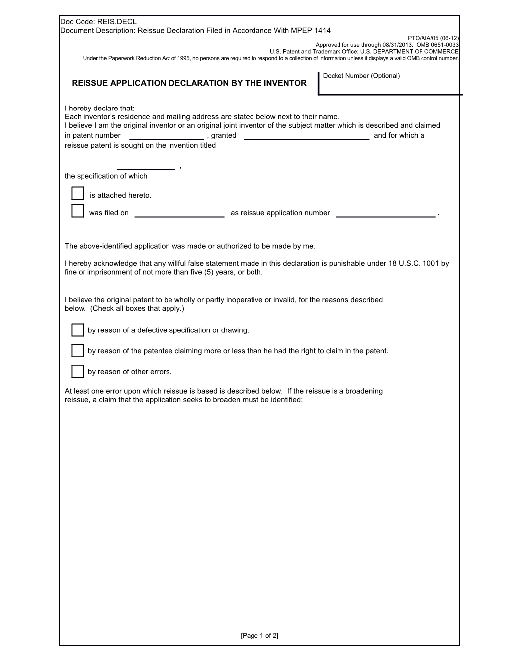 Reissue Application Declaration by the Inventor (PTO AIA-05).Dot