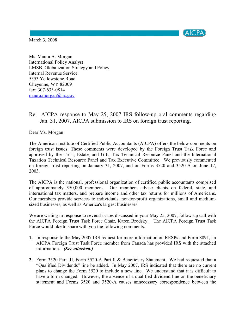 AICPA Comments to IRS on Foreign Trust Issues Follow-Up - March 3, 2008