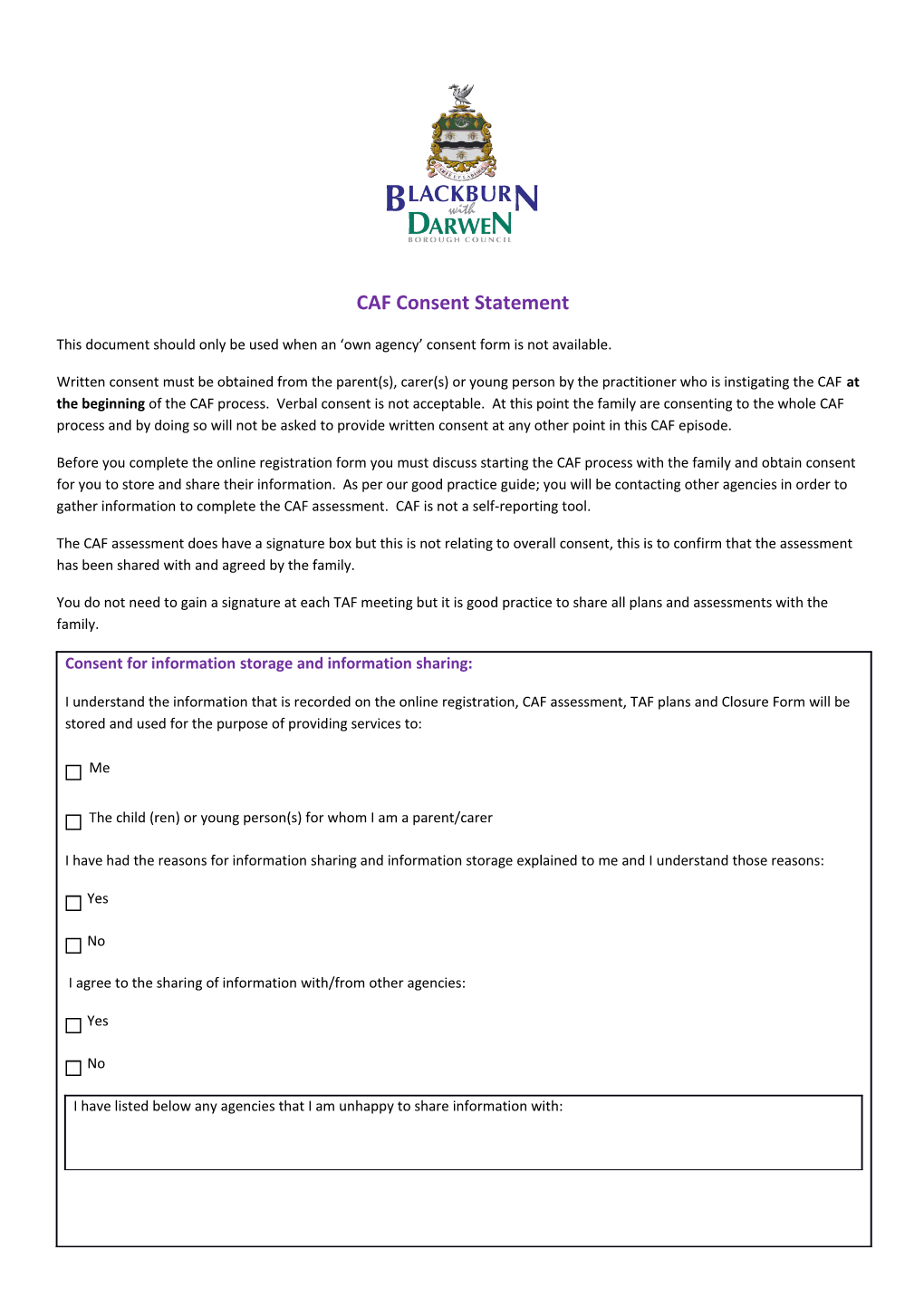 Child and Family Assessment Consent Form