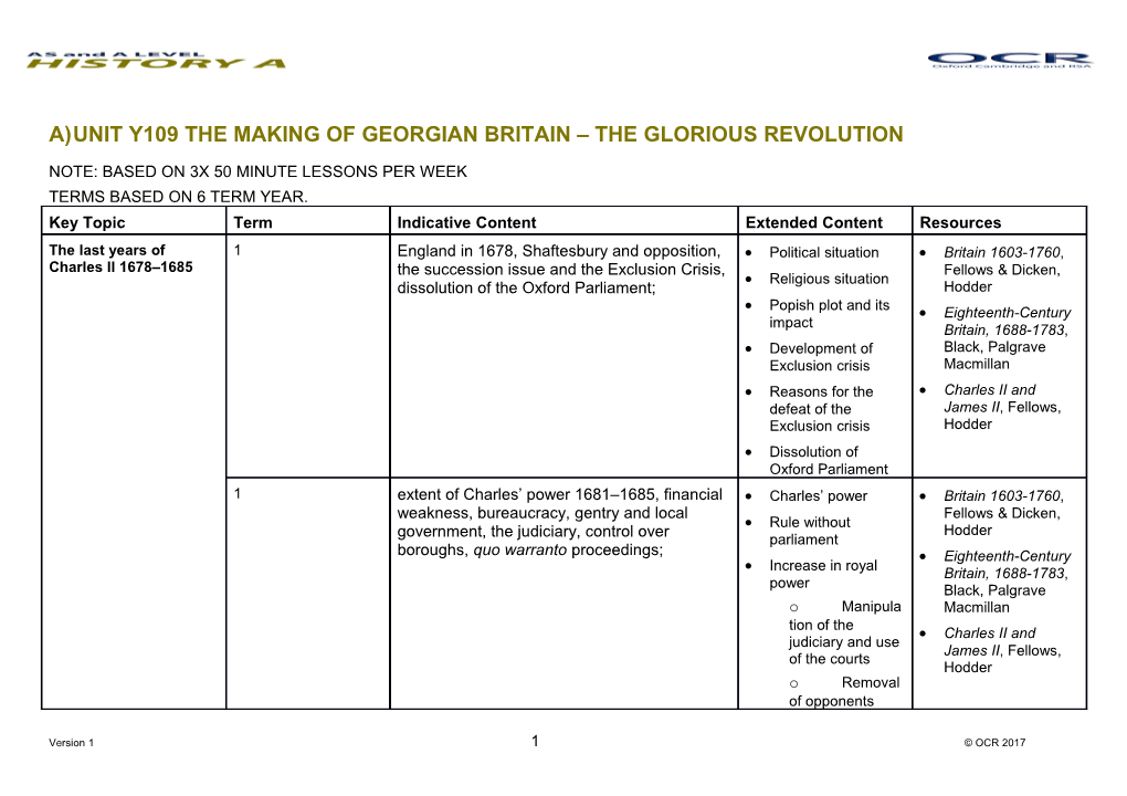 OCR a and AS History Unit Y109 Scheme of Work