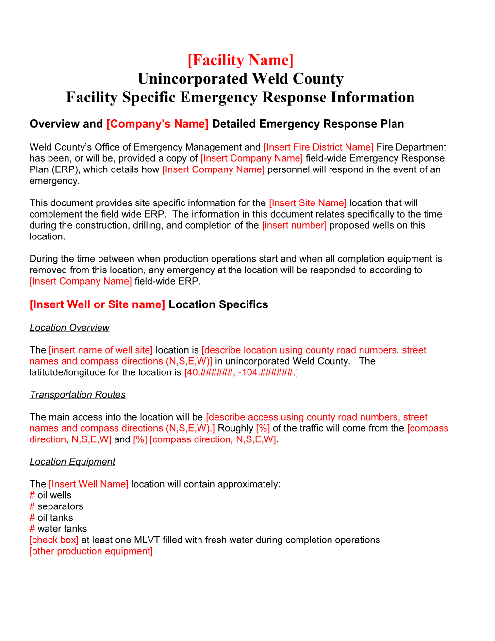 Facility Specific Emergency Response Information