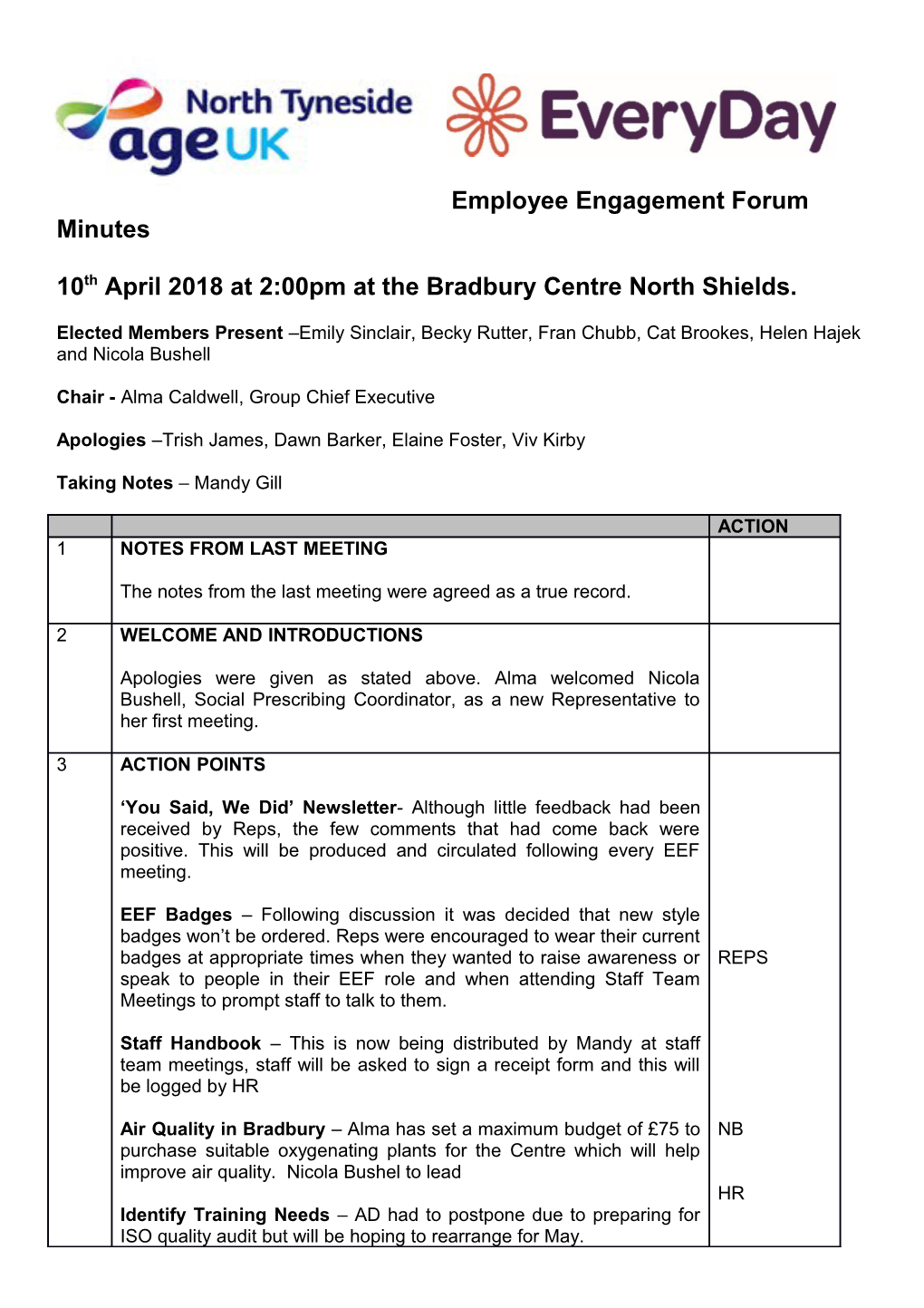 Employee Engagement Forum Minutes