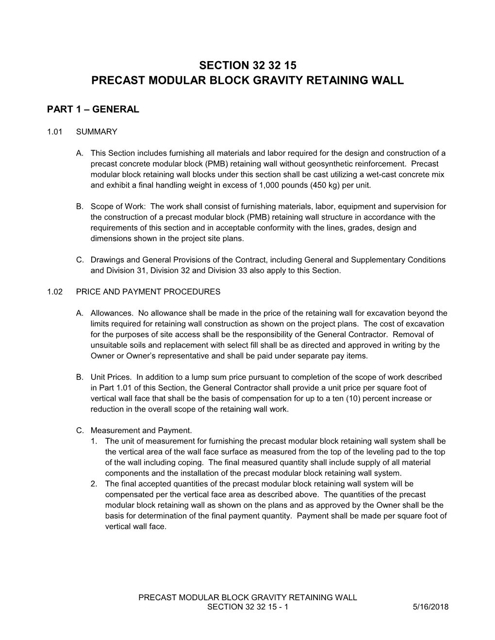 Precast Modular Block Retaining Wall Specification