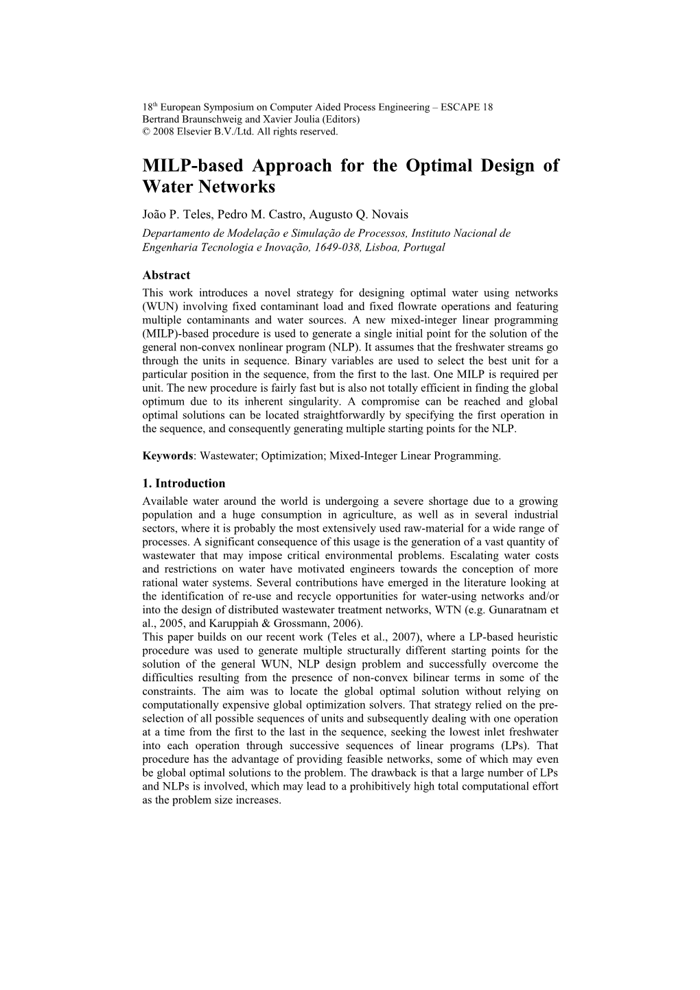 MILP-Based Approach for the Optimal Design of Water Networks