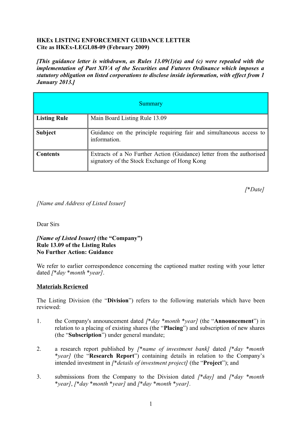 Hkex LISTING ENFORCEMENT GUIDANCE LETTER