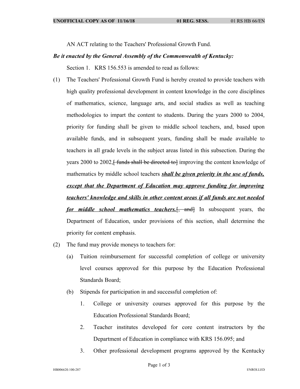 AN ACT Relating to the Teachers' Professional Growth Fund