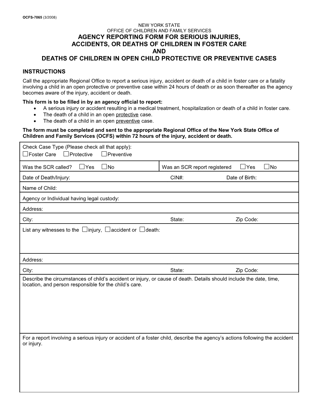 Agency Reporting Form for Serious Injuries