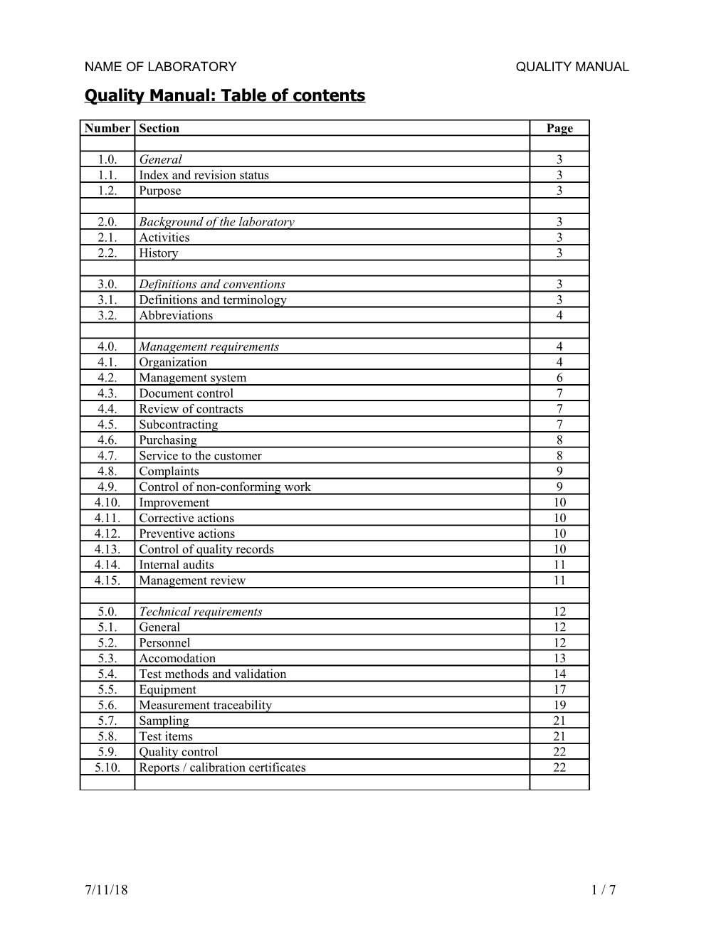 Quality Manual: Table of Contents