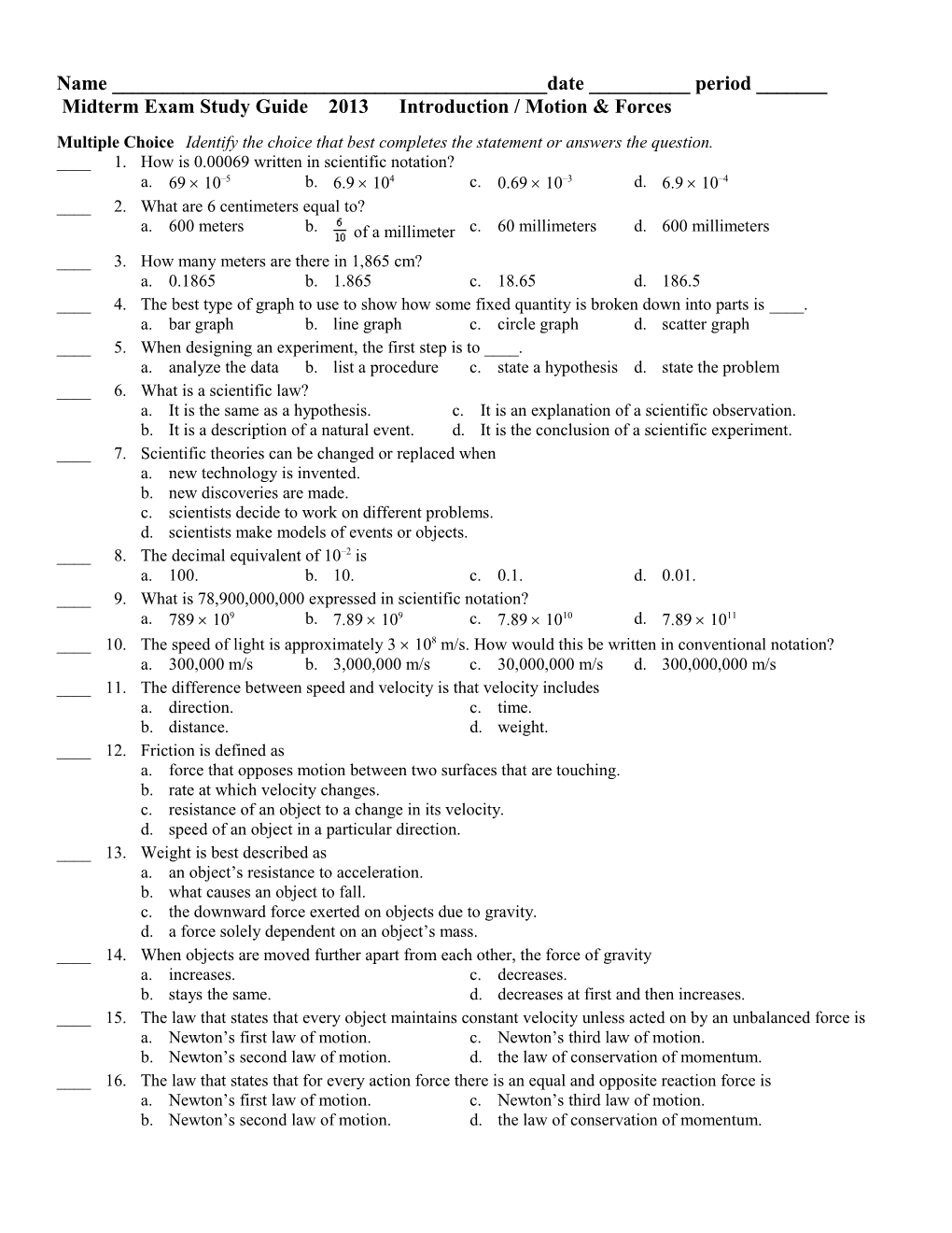 Physical Science 1St Semester Exam Study Guide 2010 Introduction / Motion & Forces