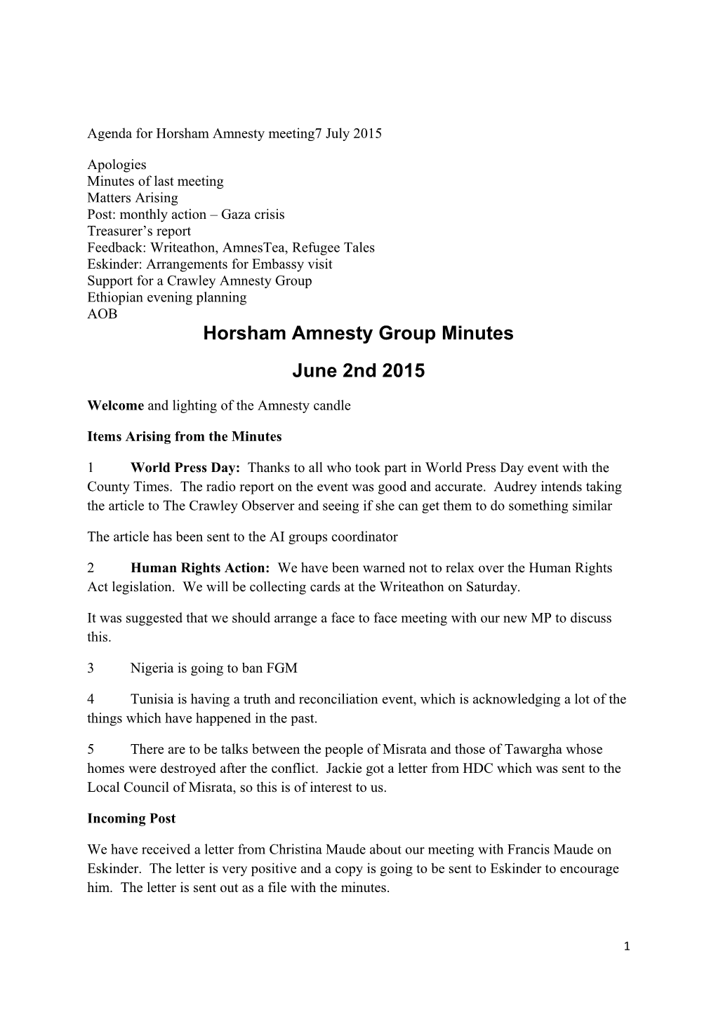 Agenda for Horsham Amnesty Meeting7 July 2015