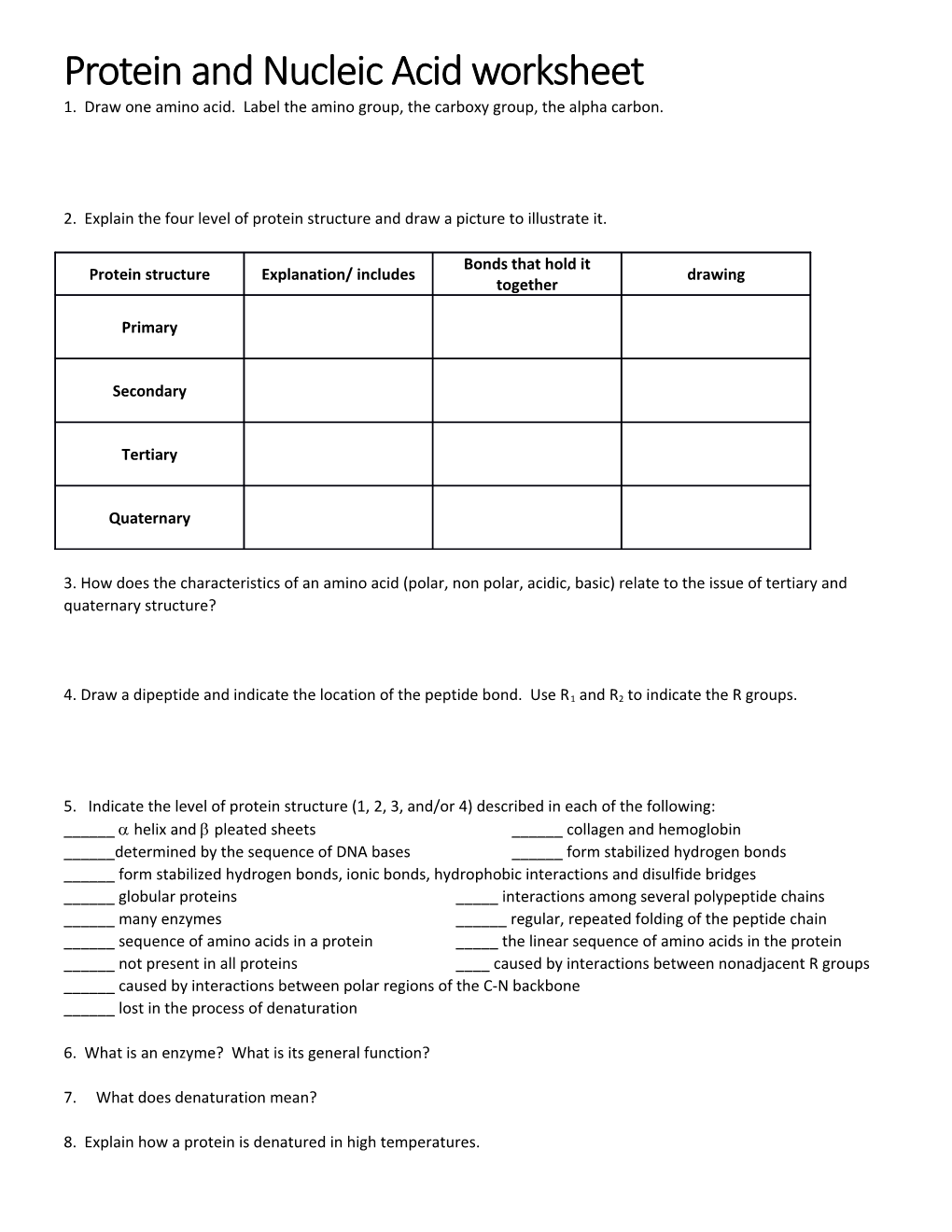 Protein and Nucleic Acid Worksheet