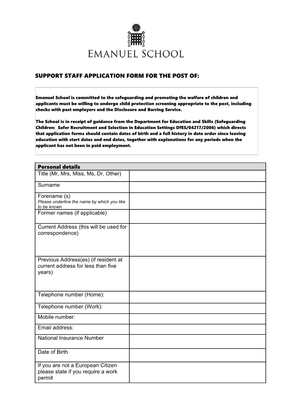 Support Staff Application Form for the Post Of