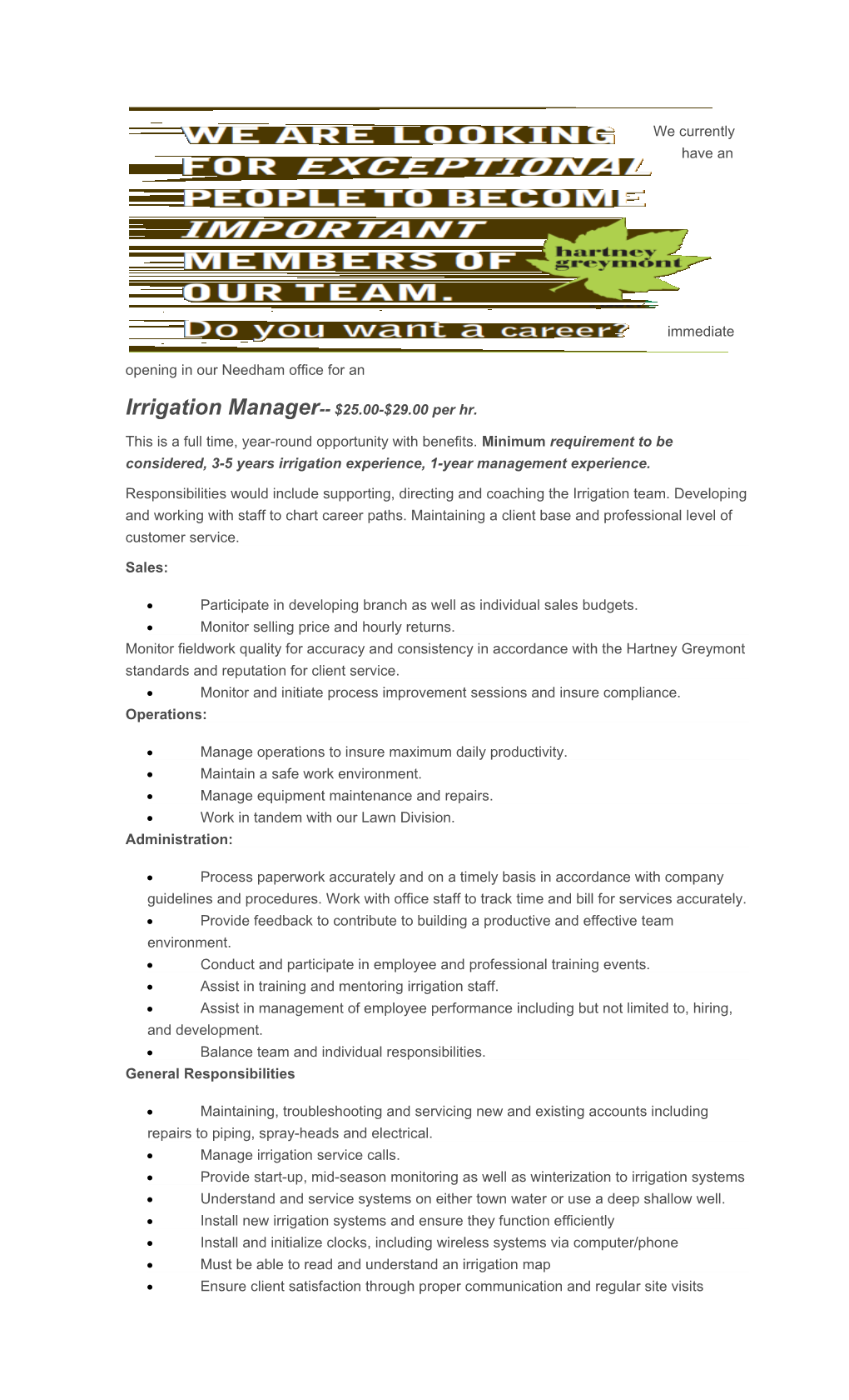 Irrigation Manager $25.00-$29.00 Per Hr