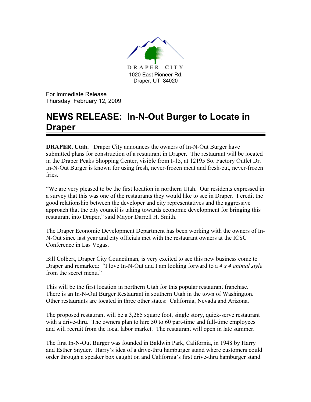 NEWS RELEASE: In-N-Out Burger to Locate in Draper