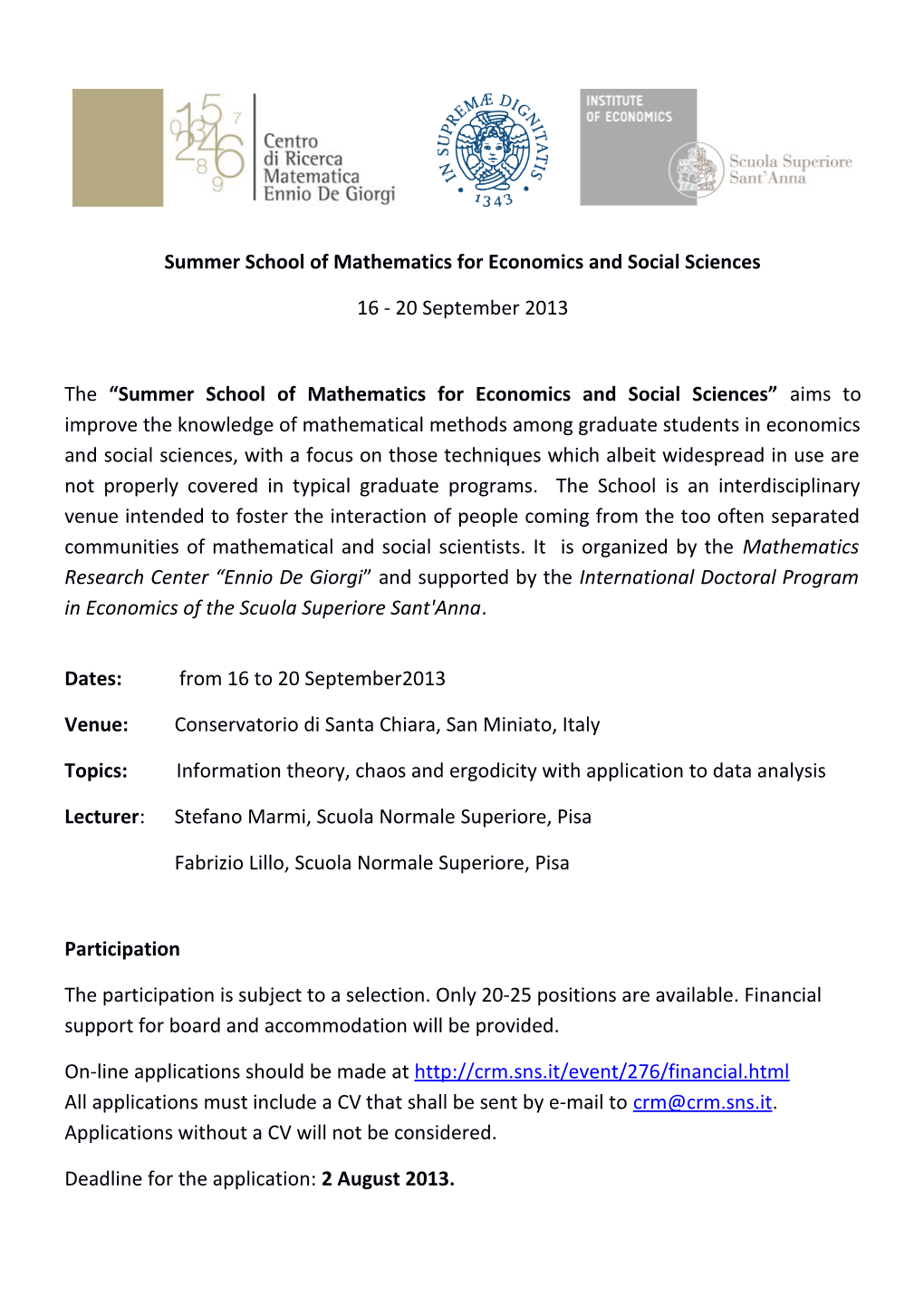 Summer School of Mathematics for Economics and Social Sciences