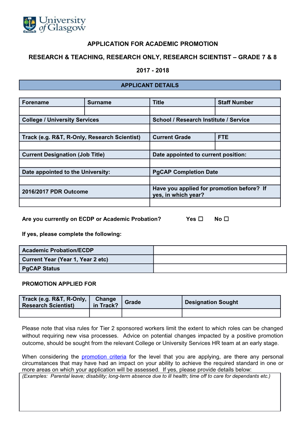 Application for Academic Promotion