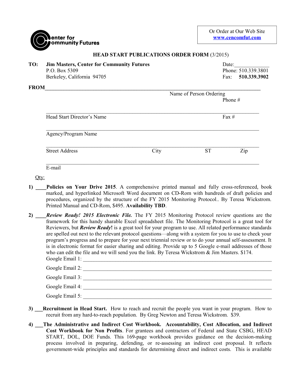 Head Start Publications Order Form (4/06)
