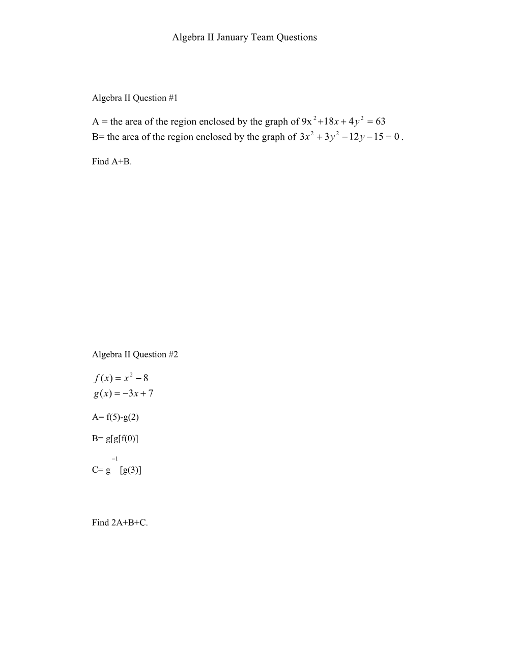 Algebra II January Team Questions