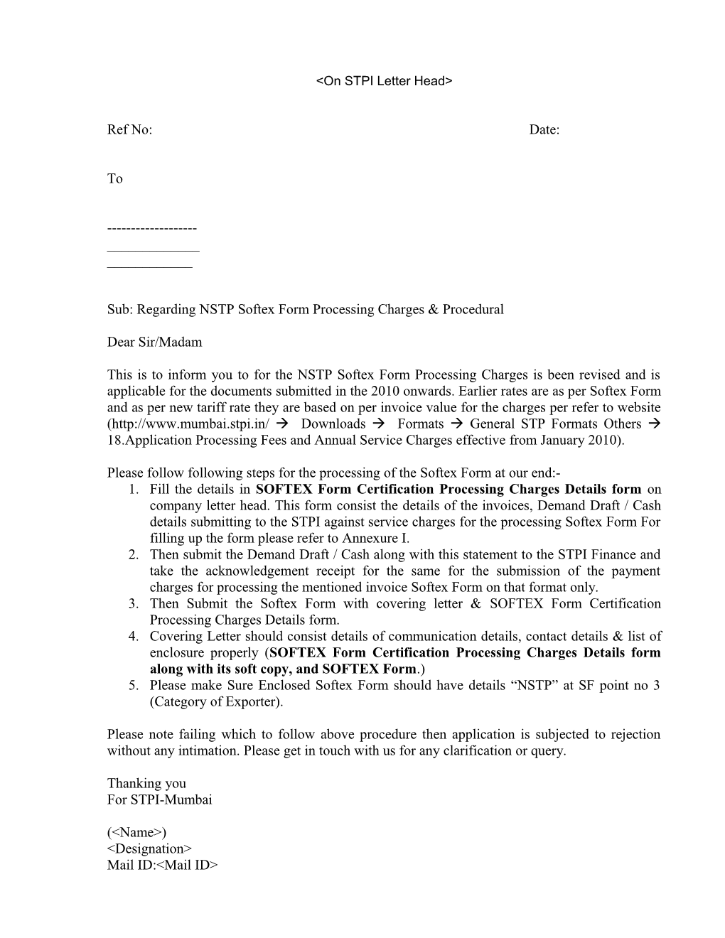 Sub: Regarding NSTP Softex Form Processing Charges & Procedural