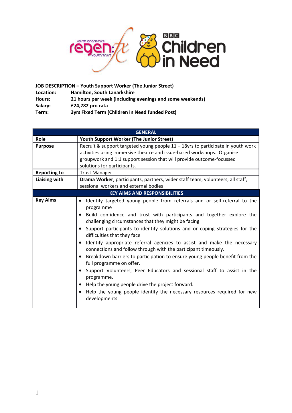 JOB DESCRIPTION Youth Support Worker (The Junior Street)