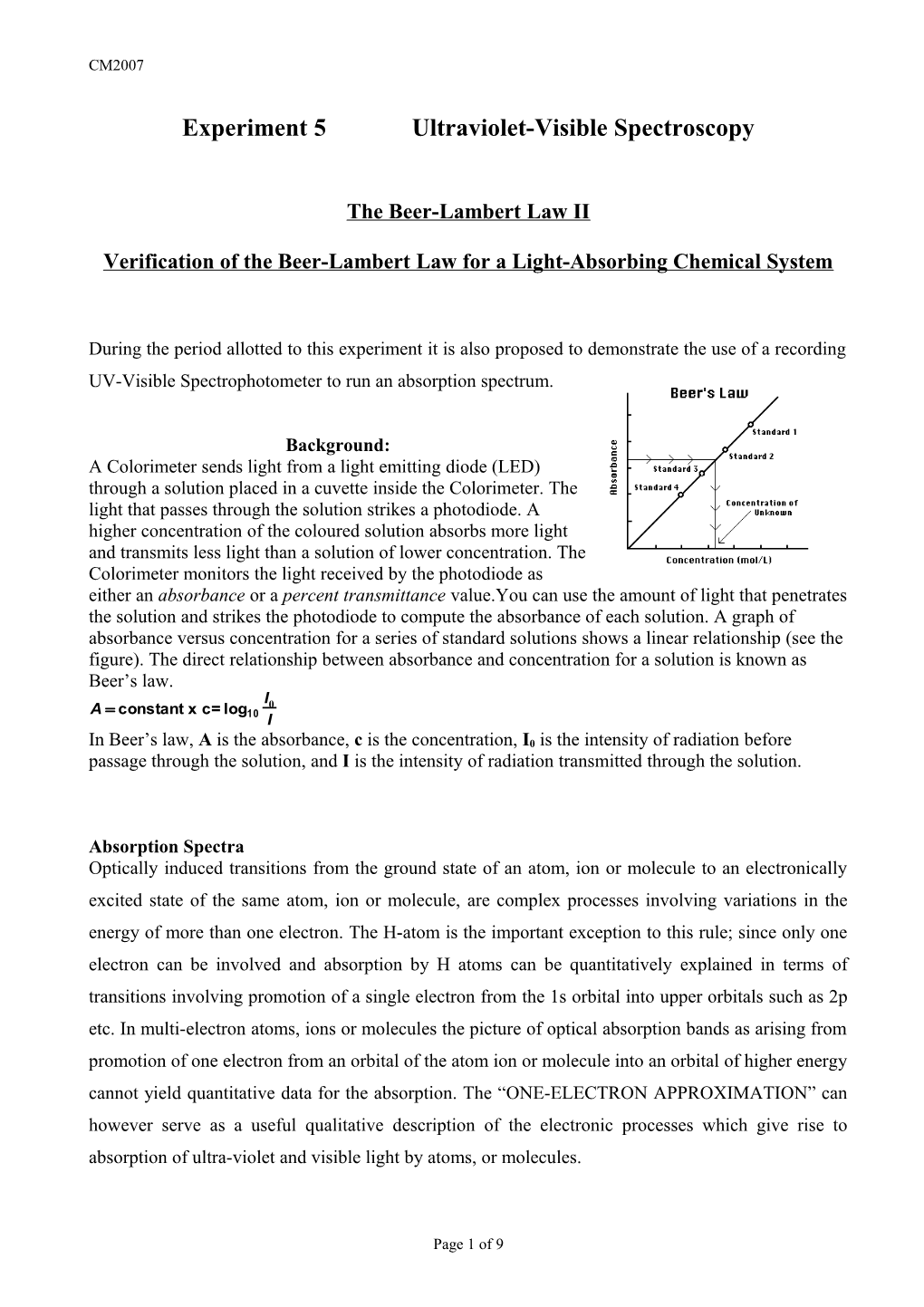 Experiment 5 Ultraviolet-Visible Spectroscopy