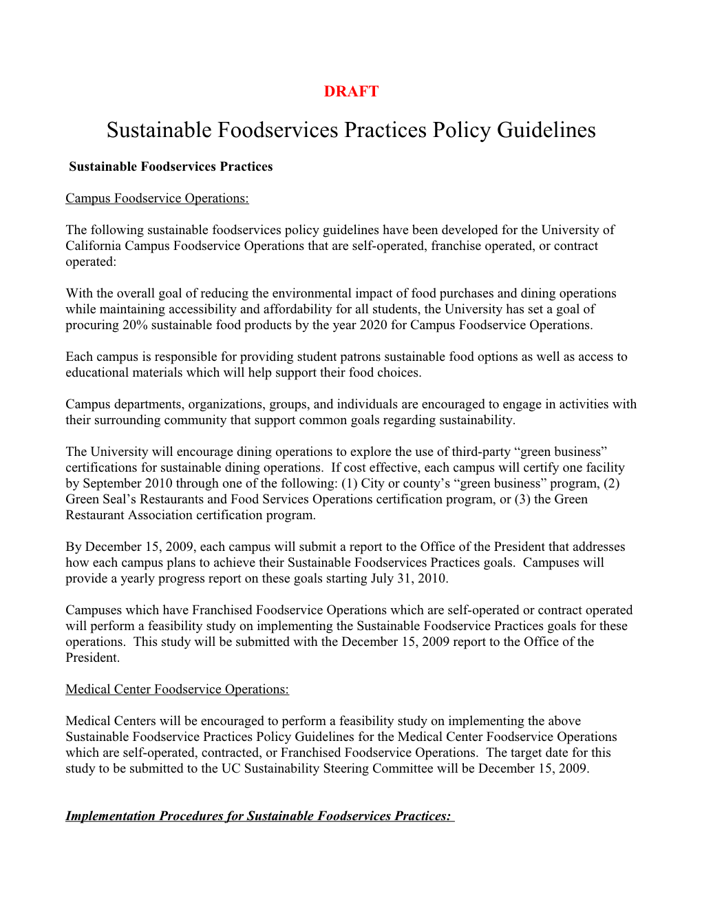 Implementation Procedures for Sustainable Foodservices Practices