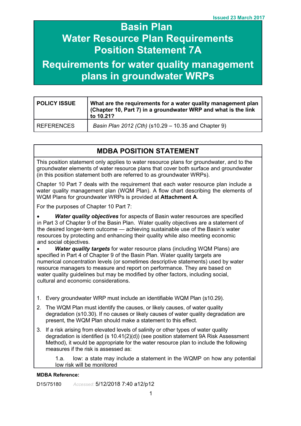 WRP Position Statement - 7A - Requirements for Water Quality Management