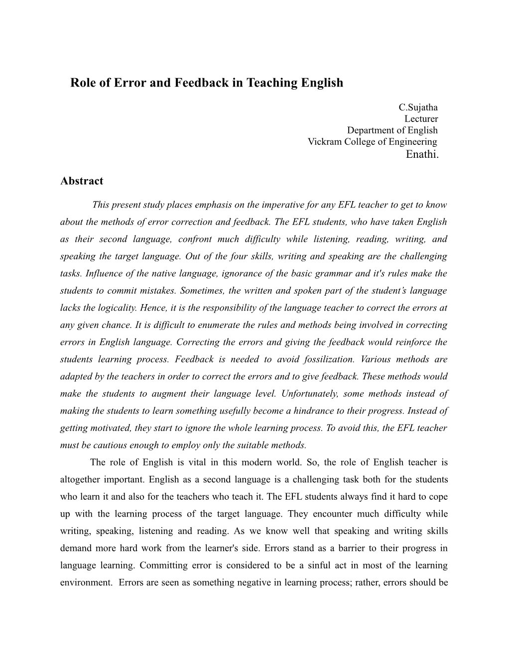 Role of Error and Feedback in Teaching English