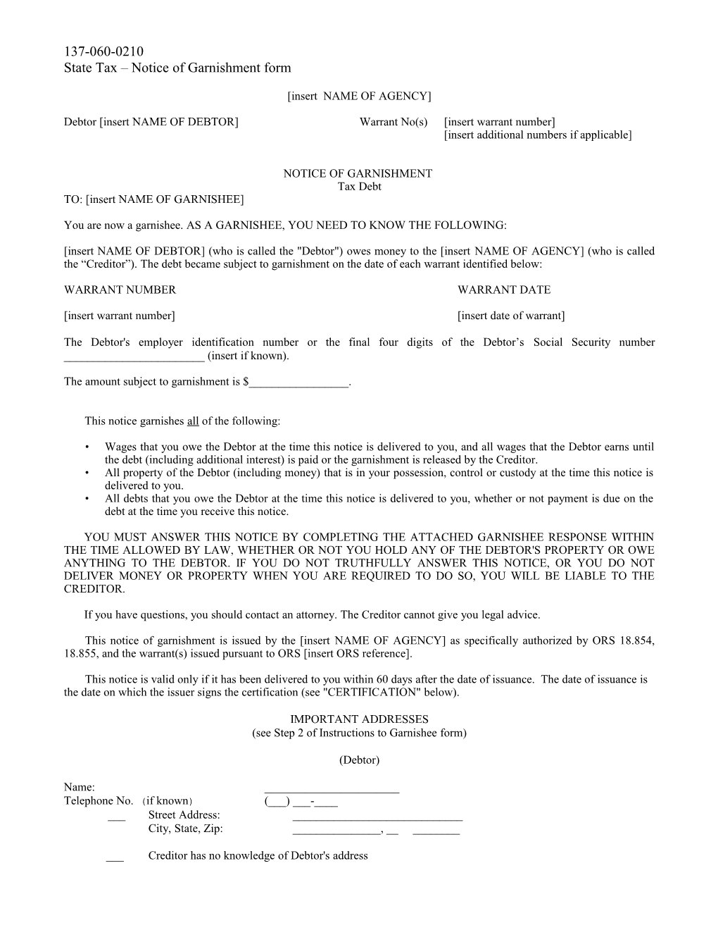 2008 Garnishment Rules/OAR 137-060-0210 Cc (Notice of Garnishment Form)