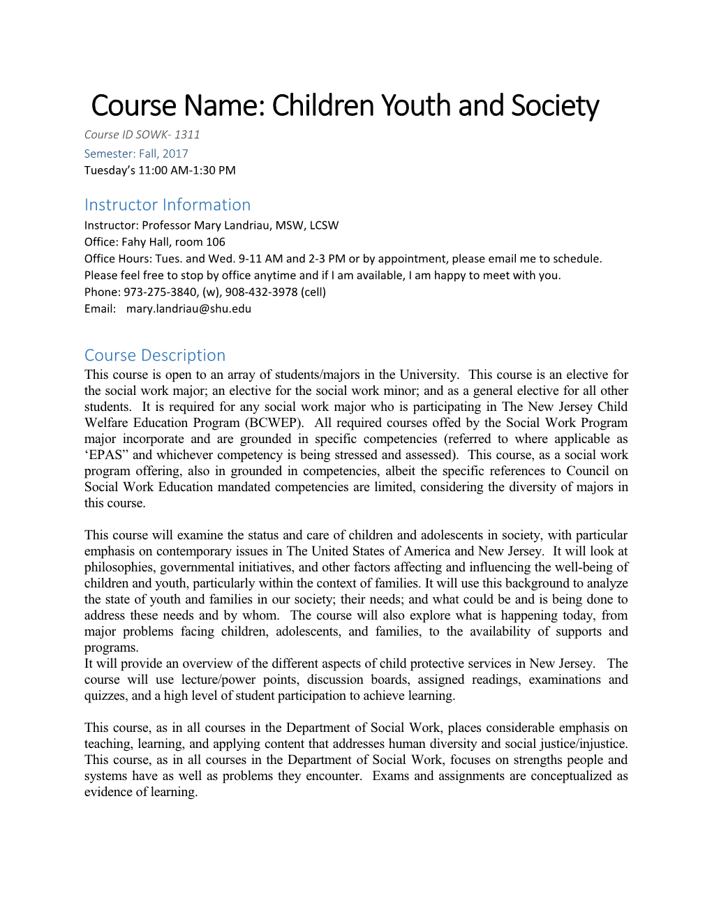 Course Name: Children Youth and Society